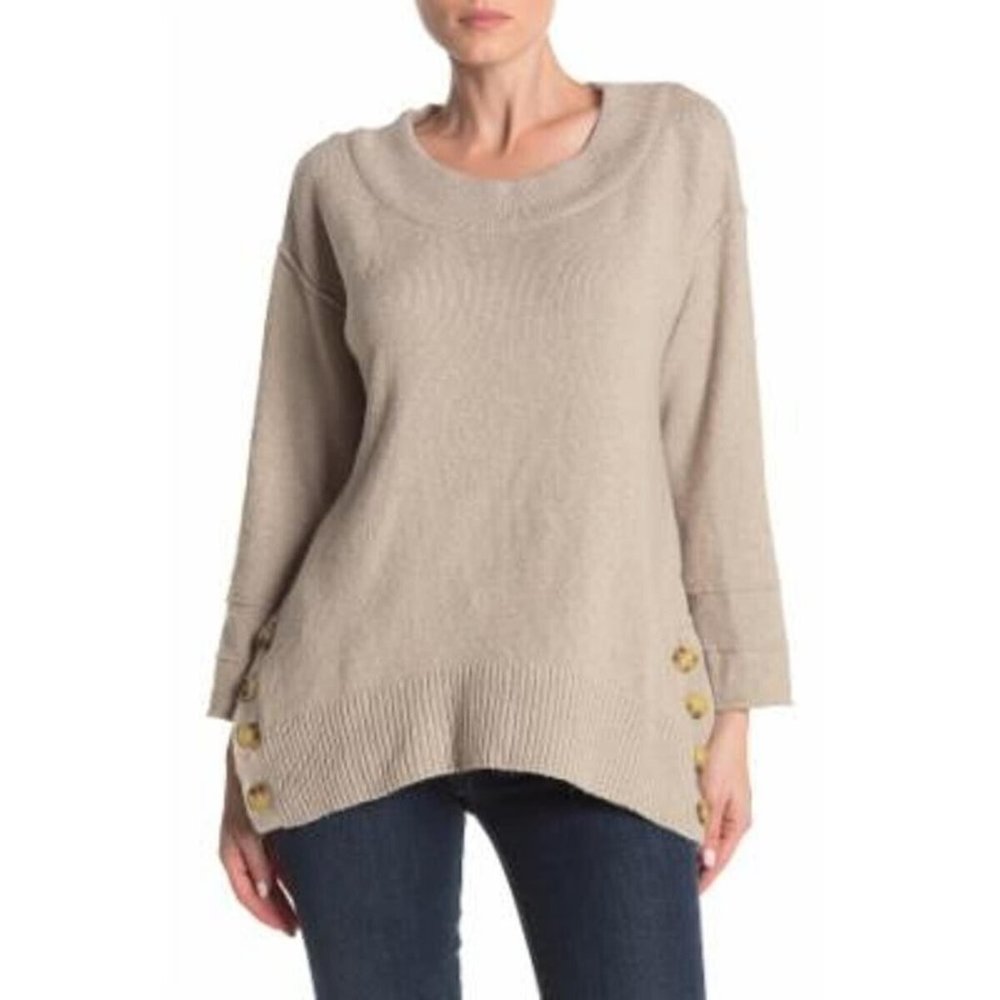 Democracy Women's Sweater Sz L Beige Ribbed Neck Pullover Long Sleeves Oatmeal